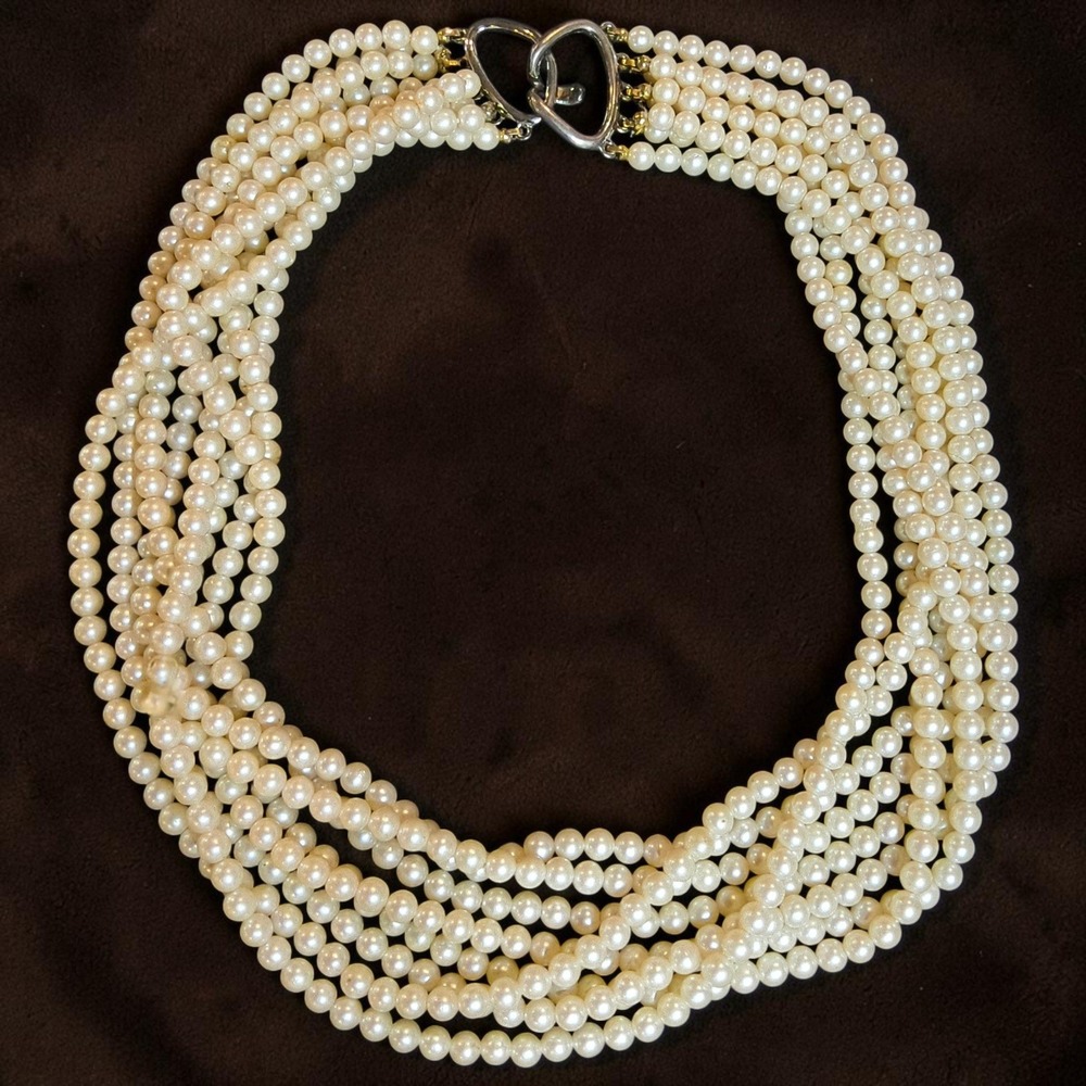Vintage 8 Strand Faux Pearl Torsade Statement Necklace
